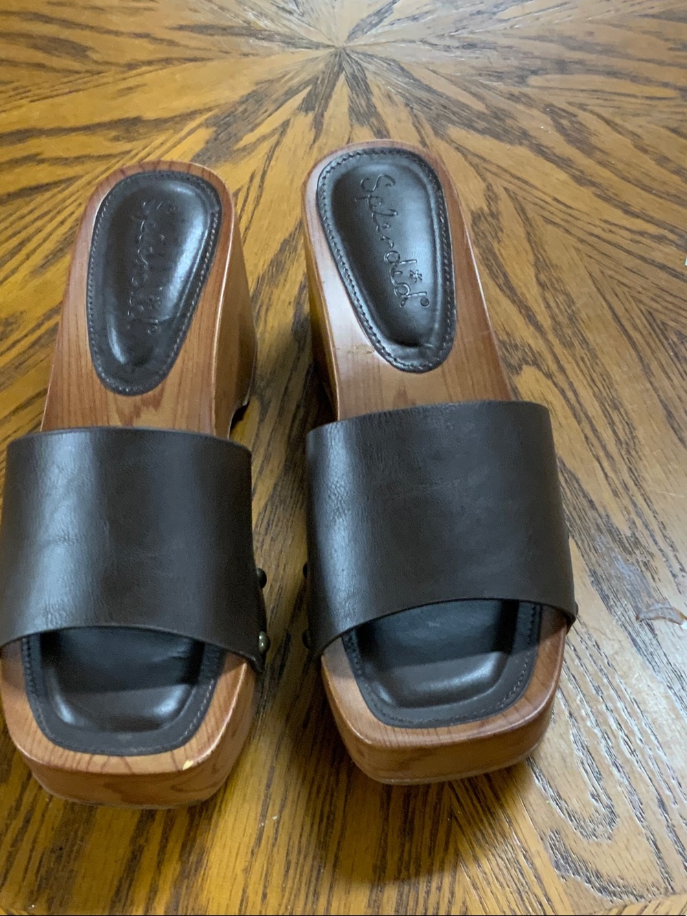Splendid Brown Leather Slide Clog with Wood Platform